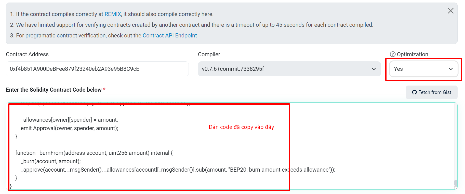 Copy code và verify hợp đồng